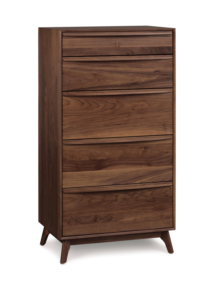 Catalina 5 Drawer Wide Dresser in walnut, angled view