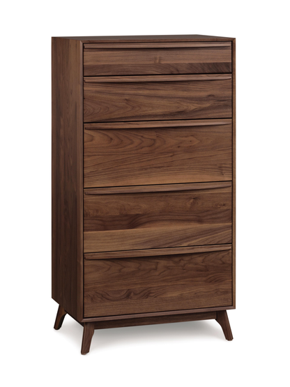 Catalina 5 Drawer Wide Dresser in walnut, angled view