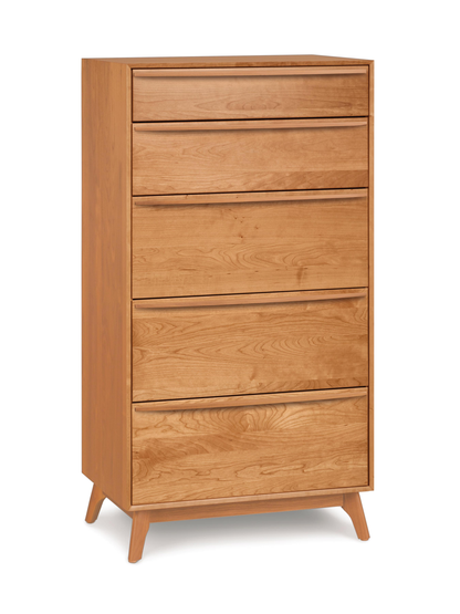 Catalina 5 Drawer Wide Dresser in cherry, angled view