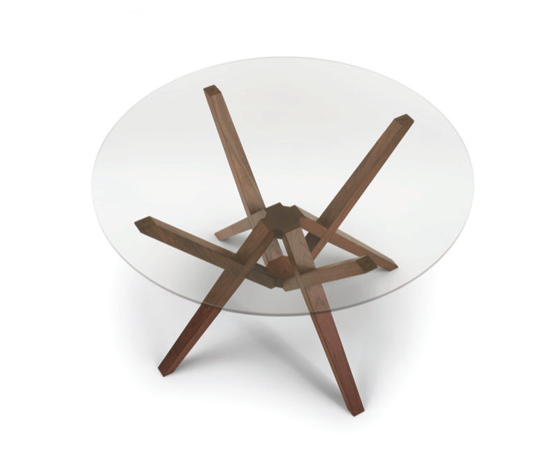Exeter 60in Round Glass Top Table Top view with walnut base