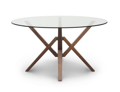 Exeter 54in Round Glass Top Table Head On with walnut base