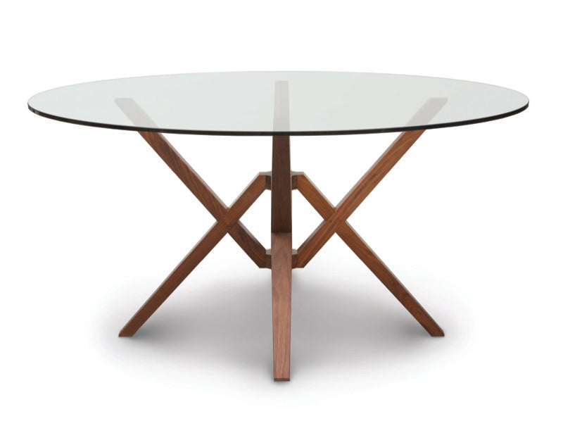 Exeter 60in Round Glass Top Table Head On with walnut base