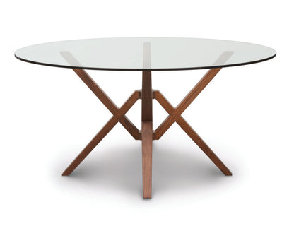 Exeter 60in Round Glass Top Table Head On with walnut base