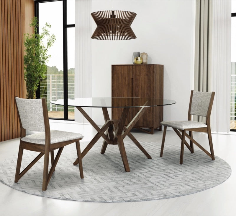 Exeter Glass Top Round Dining Walnut in decorated dining room with cabinet and chairs