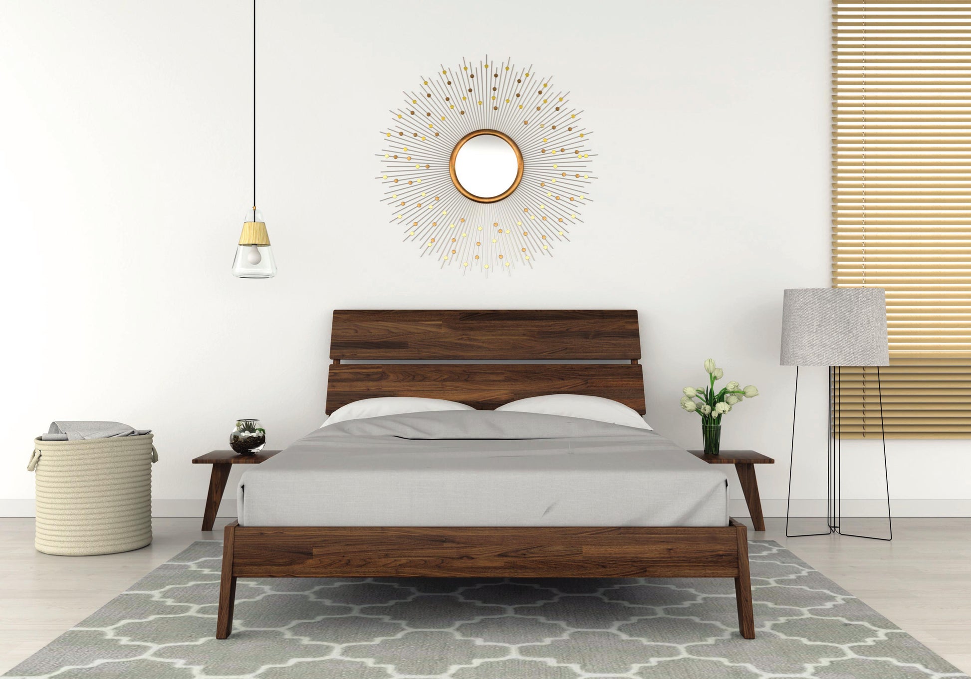  Front view of Linn Walnut Platform Bed with slatted headboard,  and angled legs. 