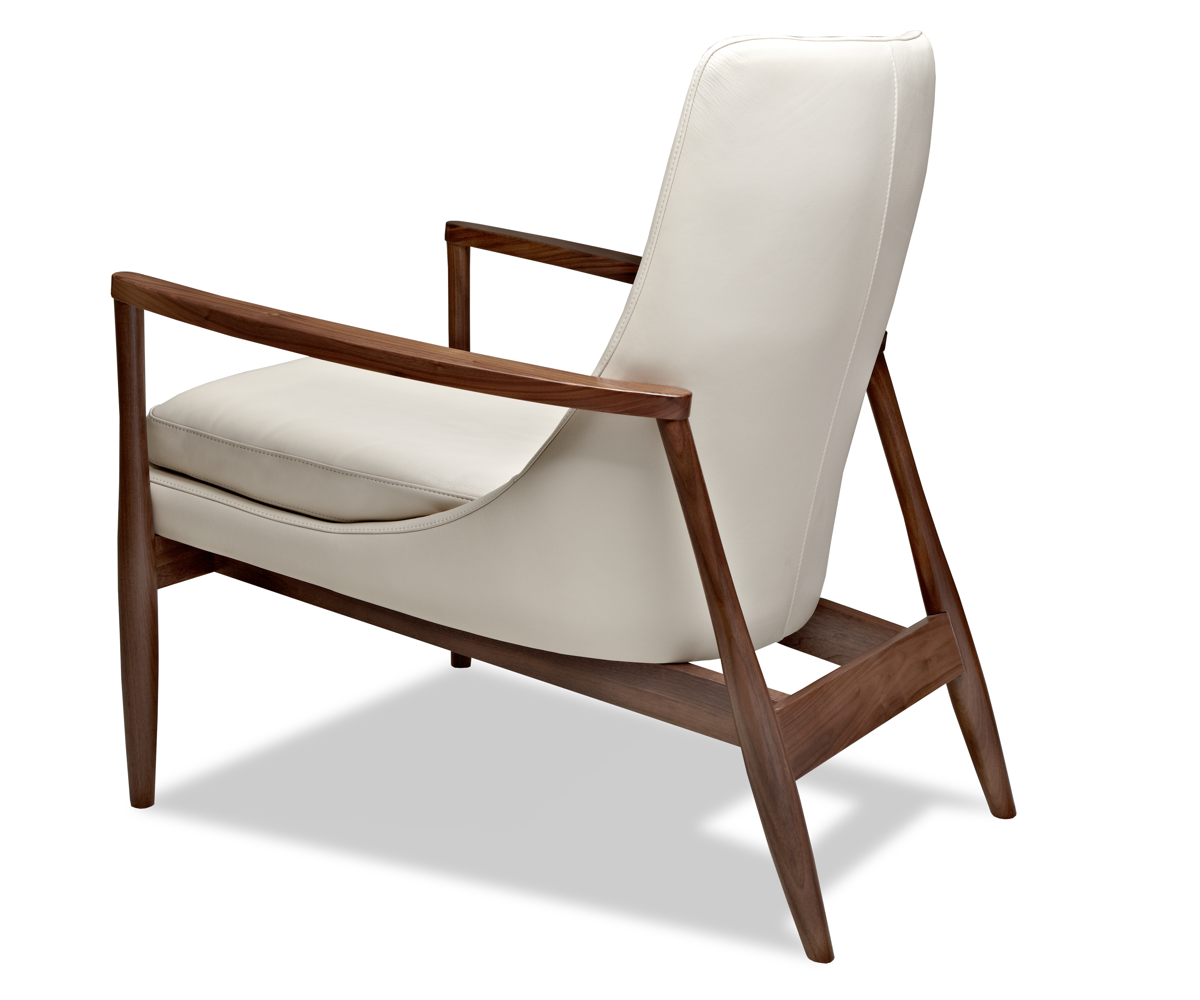 Modern Chair in beige leather and walnut wood arms and legs side view 