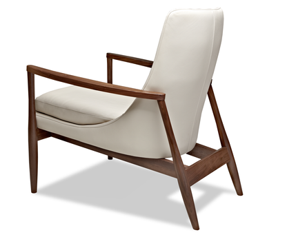 Modern Chair in beige leather and walnut wood arms and legs side view 