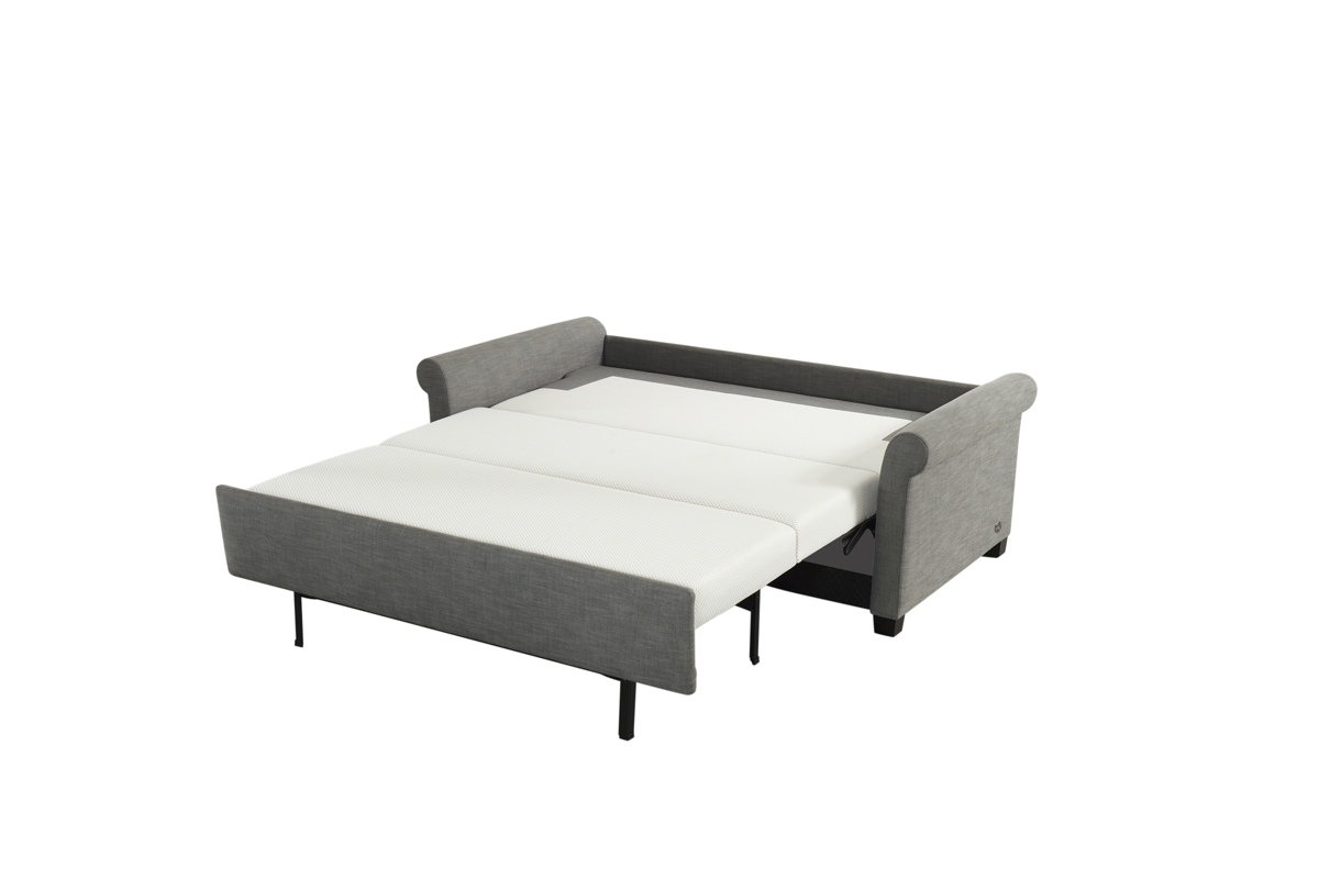 The Paige Silver Comfort Sleeper Sofa Full Pulled-Out Bed View.
