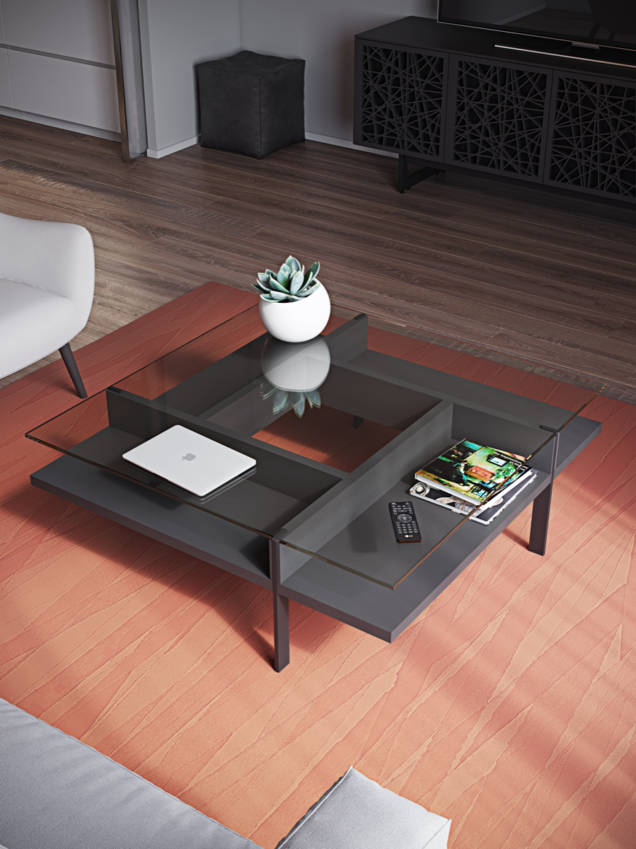 Terrace Tables Square Coffee table in living rooms setting on top of orange carpet with flower pot, books and remote on top. 