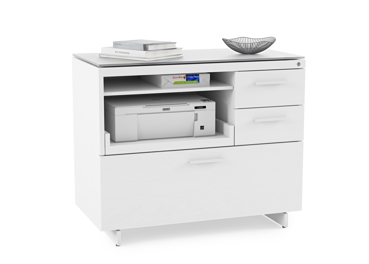 Centro 6417 Office Cabinet white with printer, office paper and books. 