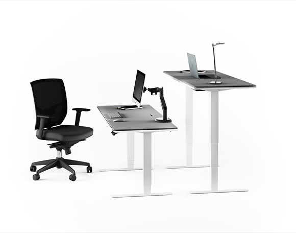 Centro 6451 Lift Desk with chair showing sitting and standing desk positions