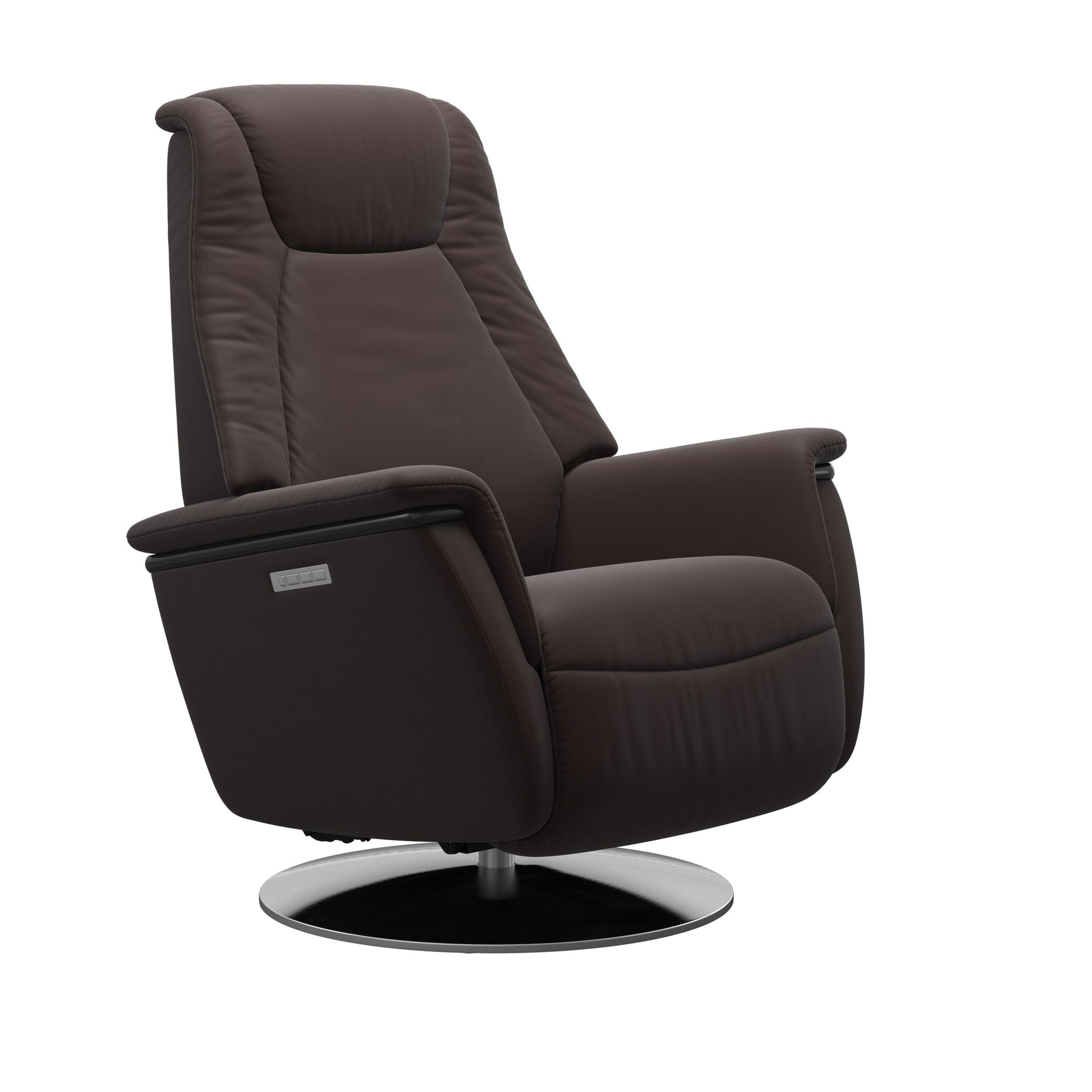 Comfortable modern Recliner chair in Paloma Chocolate with Steel Base moon base 