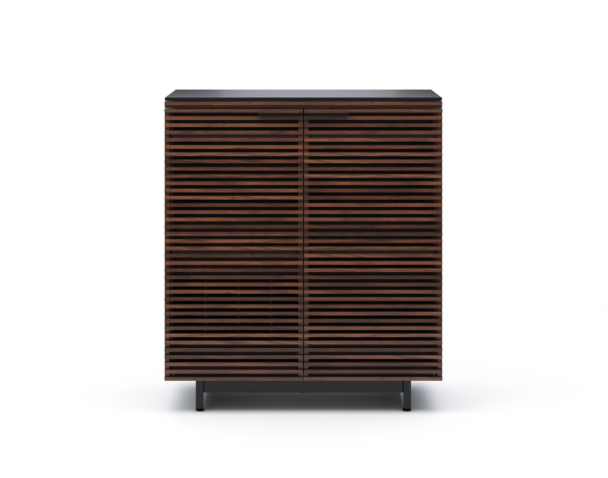 Modern wooden bar cabinet with horizontal slats and black base 