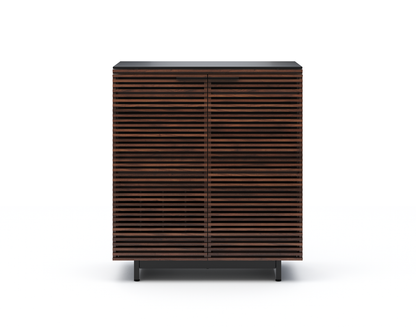 Modern wooden bar cabinet with horizontal slats and black base 