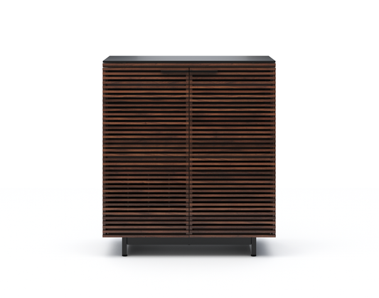 Modern wooden bar cabinet with horizontal slats and black base 