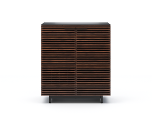 Modern wooden bar cabinet with horizontal slats and black base 