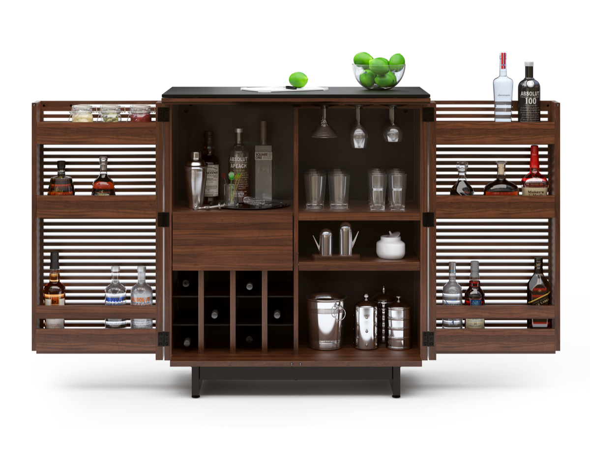 Modern wooden bar cabinet with horizontal slats and black base open view with doors open and bar supplies inside. 