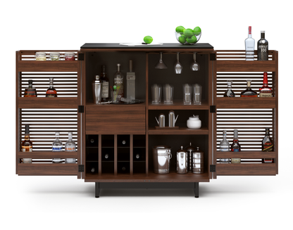 Modern wooden bar cabinet with horizontal slats and black base open view with doors open and bar supplies inside. 