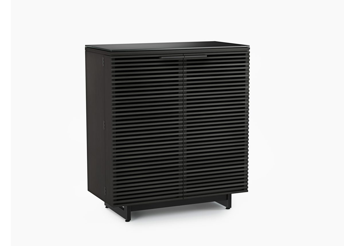 Modern wooden bar cabinet with horizontal slats in black 