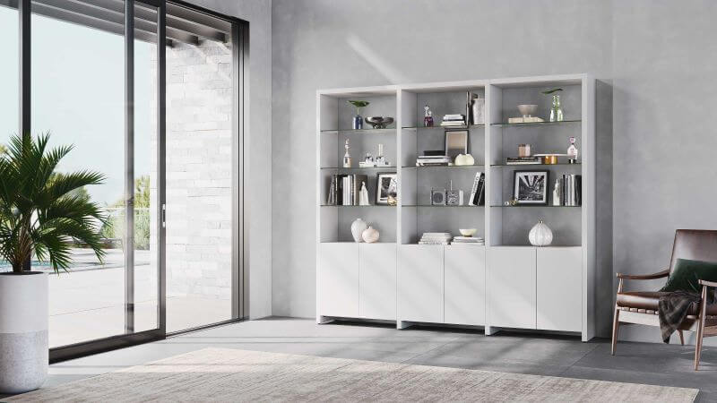 Linea 580222 Shelf System in Satin White in a decorated living room