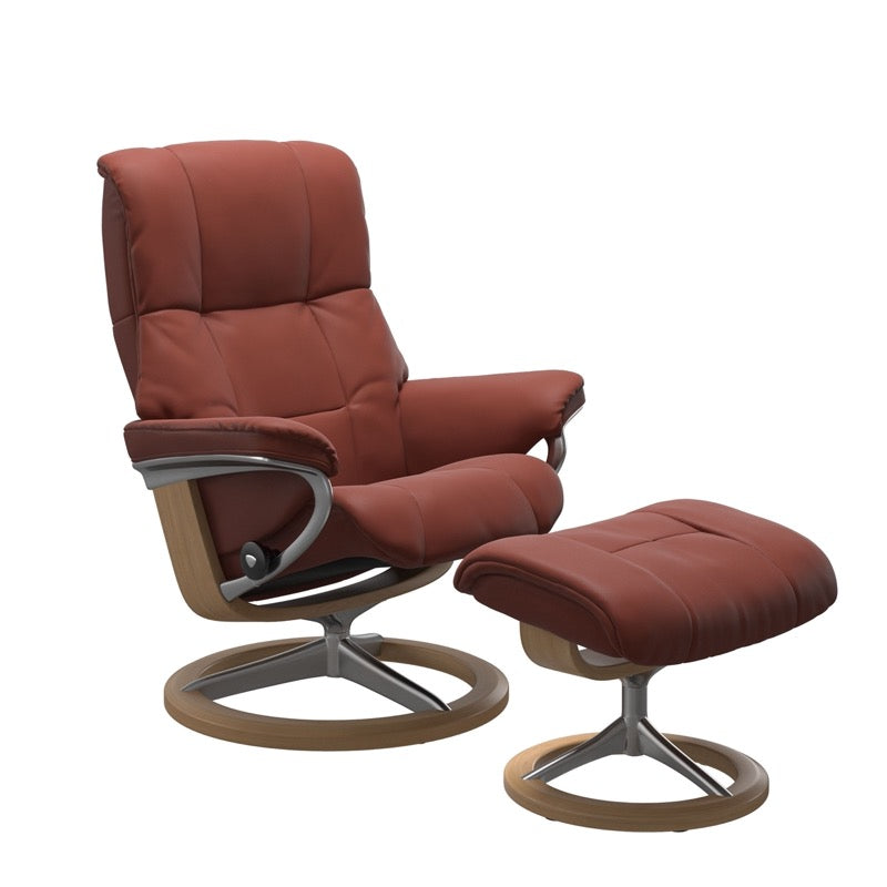 Dark Henna colored reclining chair with matching ottoman, both featuring padded cushions and oak circular base.