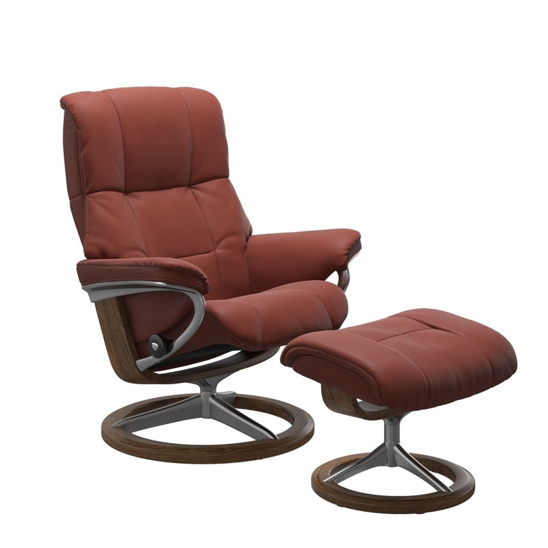 Dark Henna colored reclining chair with matching ottoman, both featuring padded cushions and teak circular base.