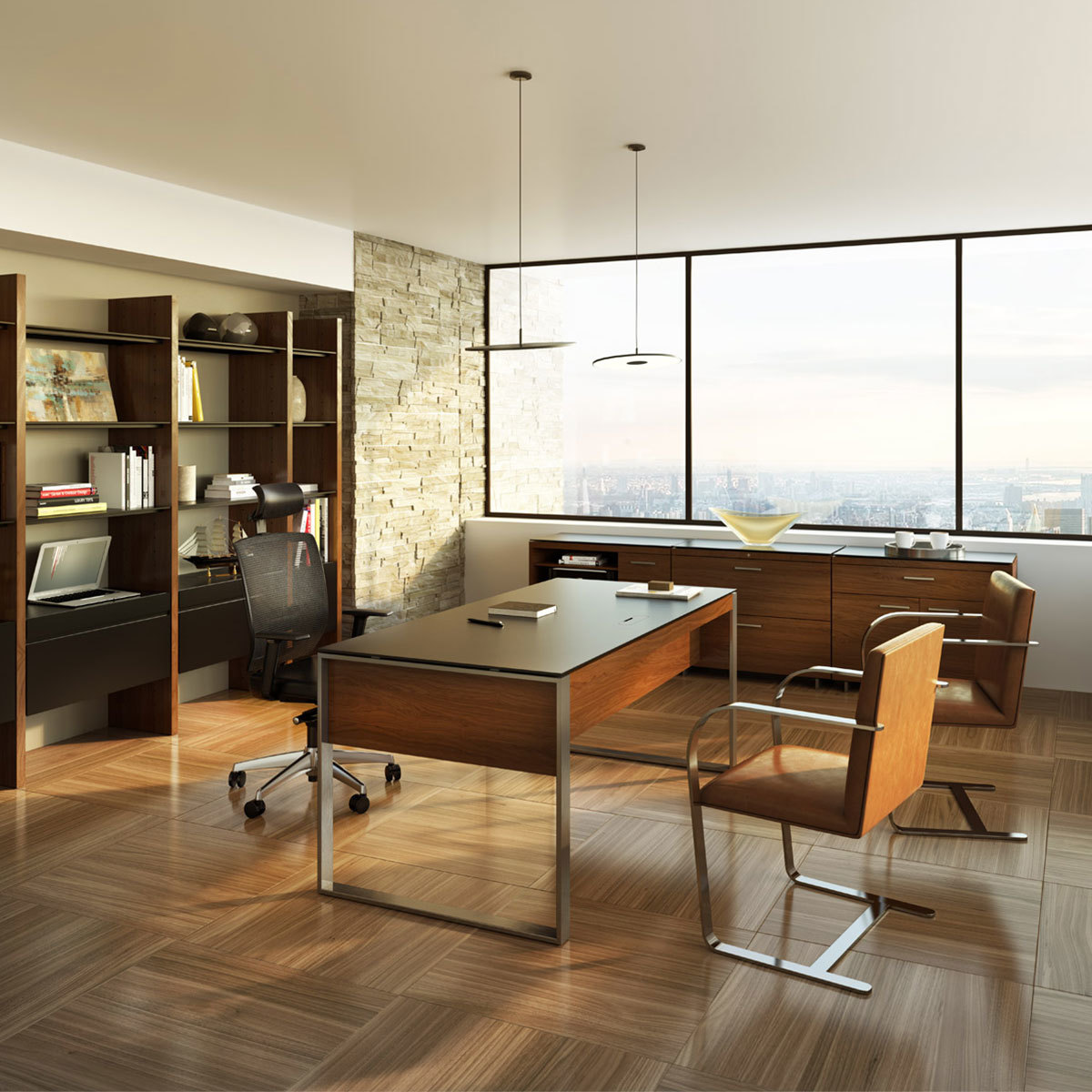 Office with desk, bookshelf, cabinets and features the black office chair. 