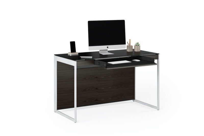 Front view of the Sequel 20 6103 Desk by BDI Furniture in Charcoal Stained Ash finish and Satin Nickel steel
