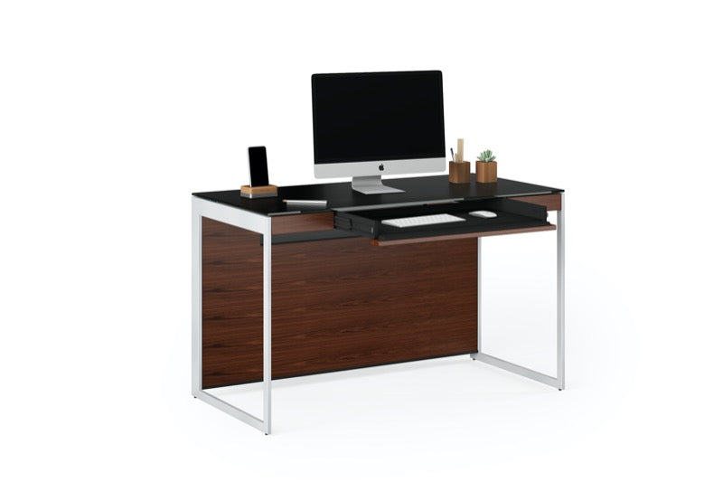 Front view of the Sequel 20 6103 Desk by BDI Furniture in Chocolate Stained Walnut finish and Satin Nickel Steel