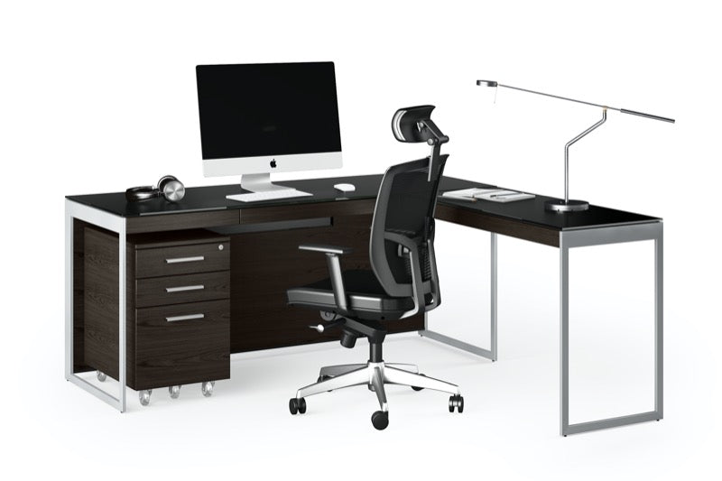 Front view of the Sequel 20 6112 Desk with Mobile Return by BDI Furniture in Charcoal Stained Ash finish and Satin Nickel Steel
