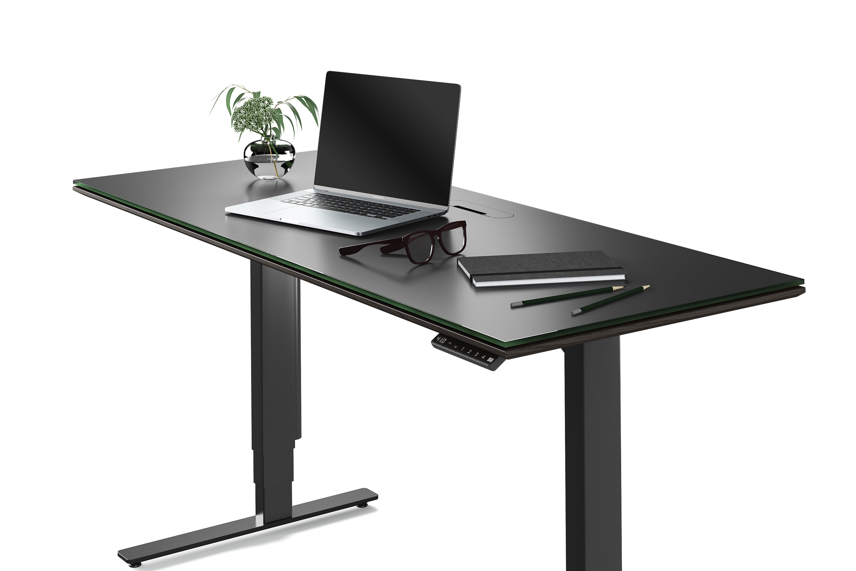 Close-up of the Sequel 20 6151 Lift Desk by BDI Furniture in Charcoal Stained Ash, adorned with a plant and office essentials.