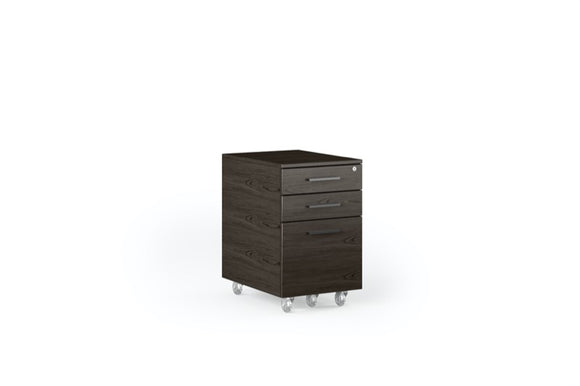 Front view of the Sequel 20 6107 Mobile File Pedestal by BDI Furniture in Charcoal Stained Ash finish and Black Steel