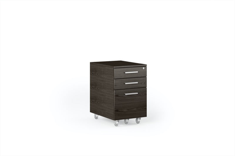 Front view of the Sequel 20 6107 Mobile File Pedestal by BDI Furniture in Charcoal Stained Ash finish and Satin Nickel Steel