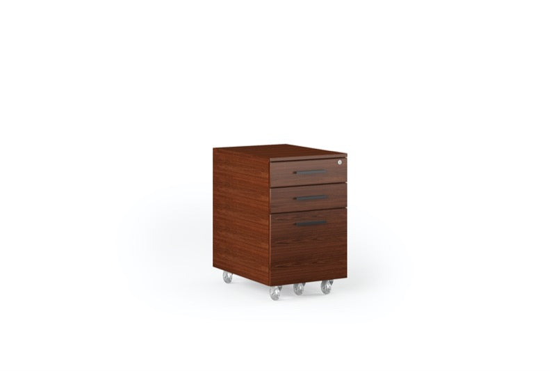 Front view of the Sequel 20 6107 Mobile File Pedestal by BDI Furniture in Chocolate Stained Walnut finish and Black Steel