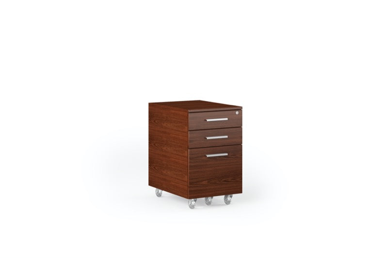 Front view of the Sequel 20 6107 Mobile File Pedestal by BDI Furniture in Chocolate Stained Walnut finish and Satin Nickel Steel