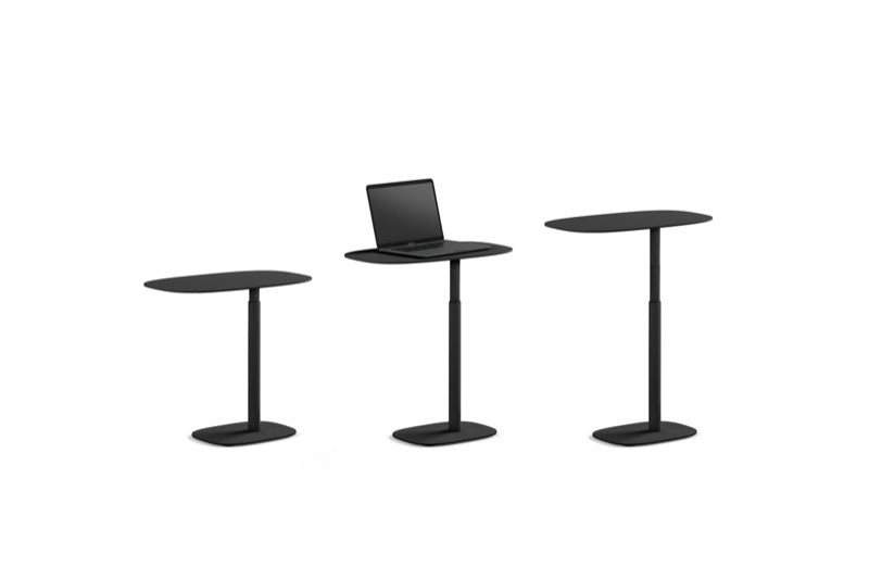 Serif 1045 Lift Laptop Table displayed at three adjustable heights, showcasing versatility.