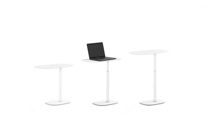 Serif 1045 Lift Laptop Table displayed at three adjustable heights, showcasing versatility in white