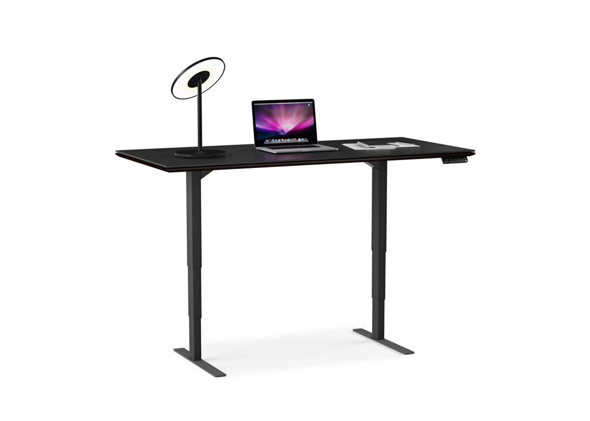 Staged Front view of the Sequel 20 6152 Lift Desk by BDI Furniture in Charcoal Stained Ash extended 