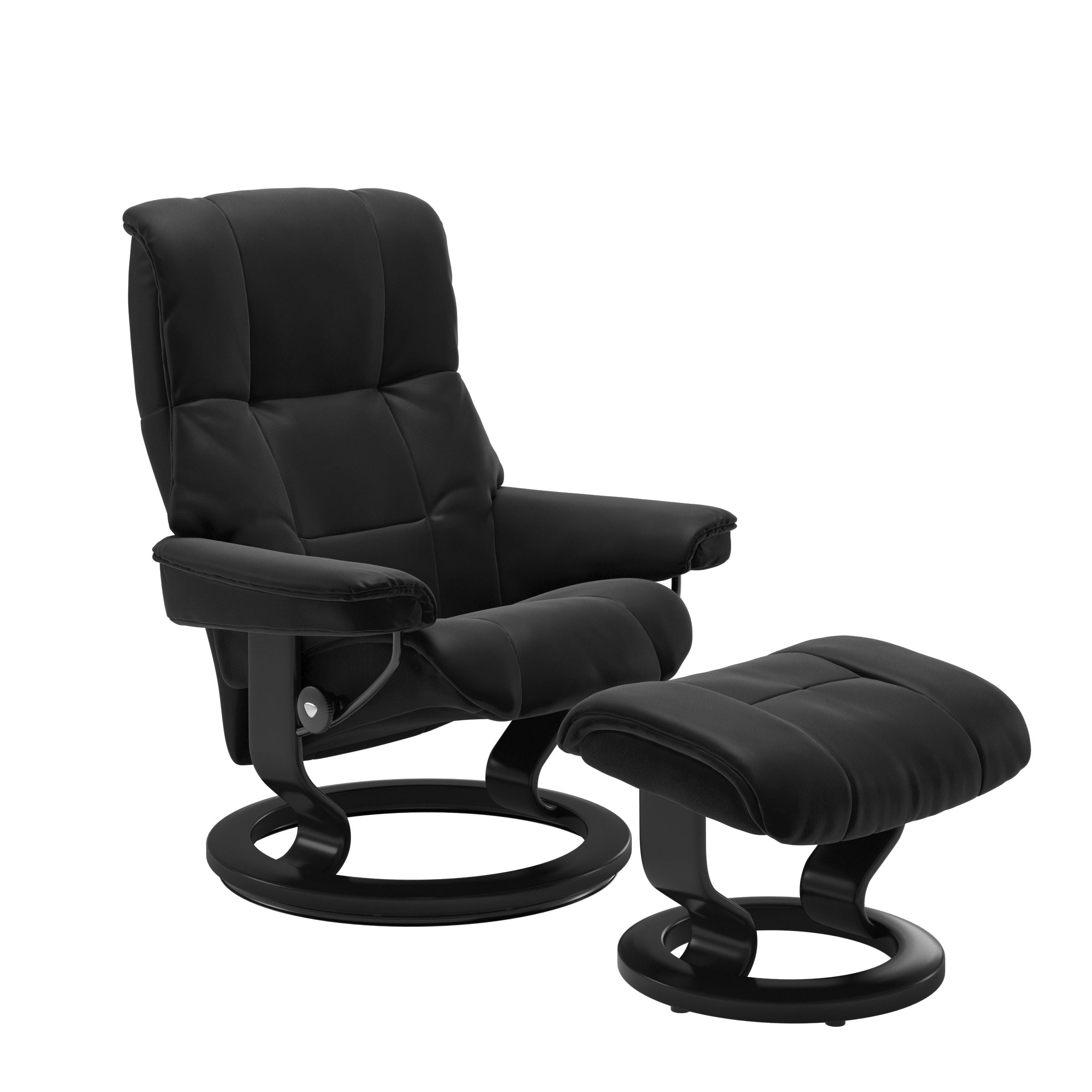 Luxurious  leather recliner in Paloma black color with a black wood classic base and adjustable ottoman 