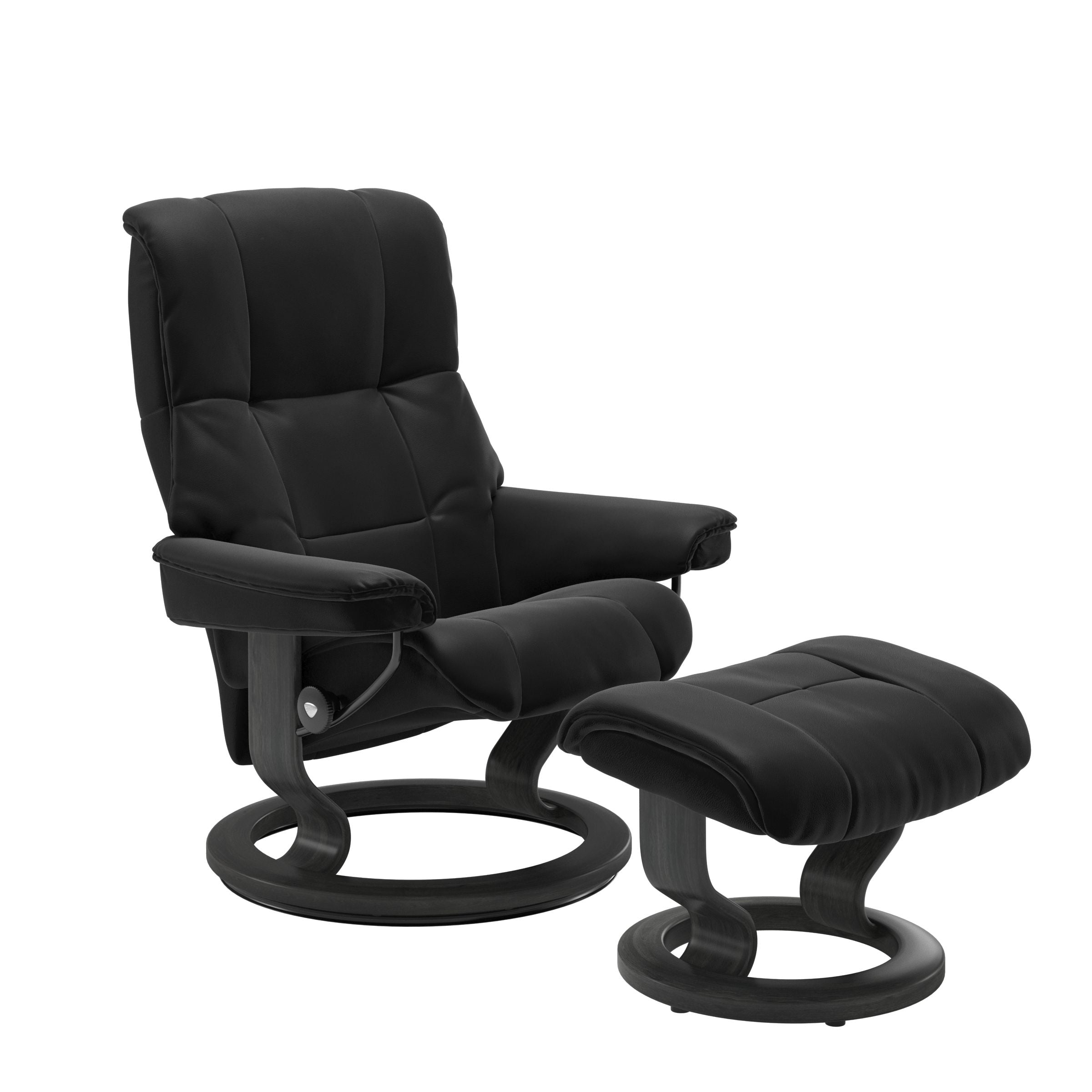 Luxurious  leather recliner in Paloma black color with a grey wood classic base and adjustable ottoman 