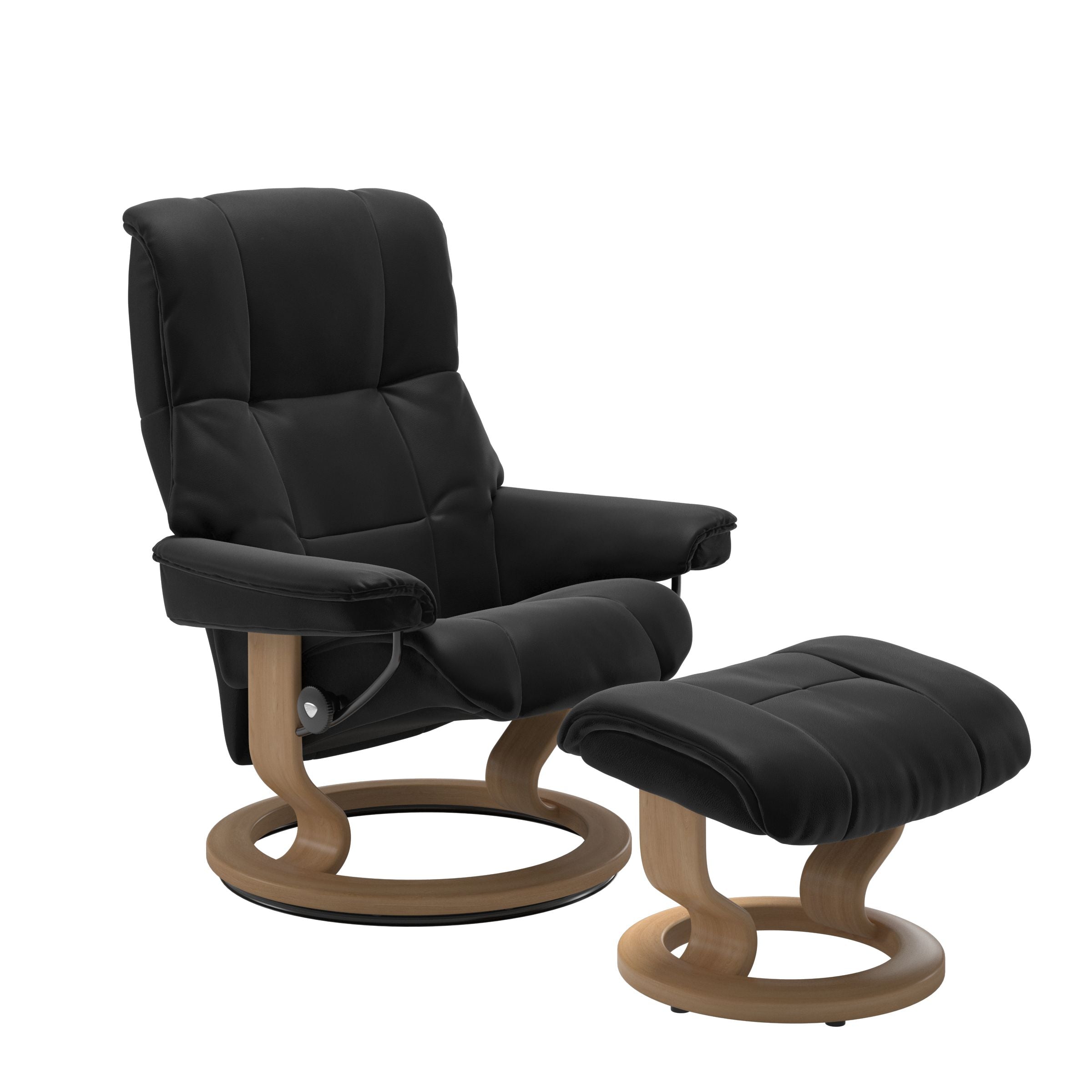 Luxurious  leather recliner in Paloma black color with a oak wood classic base and adjustable ottoman 