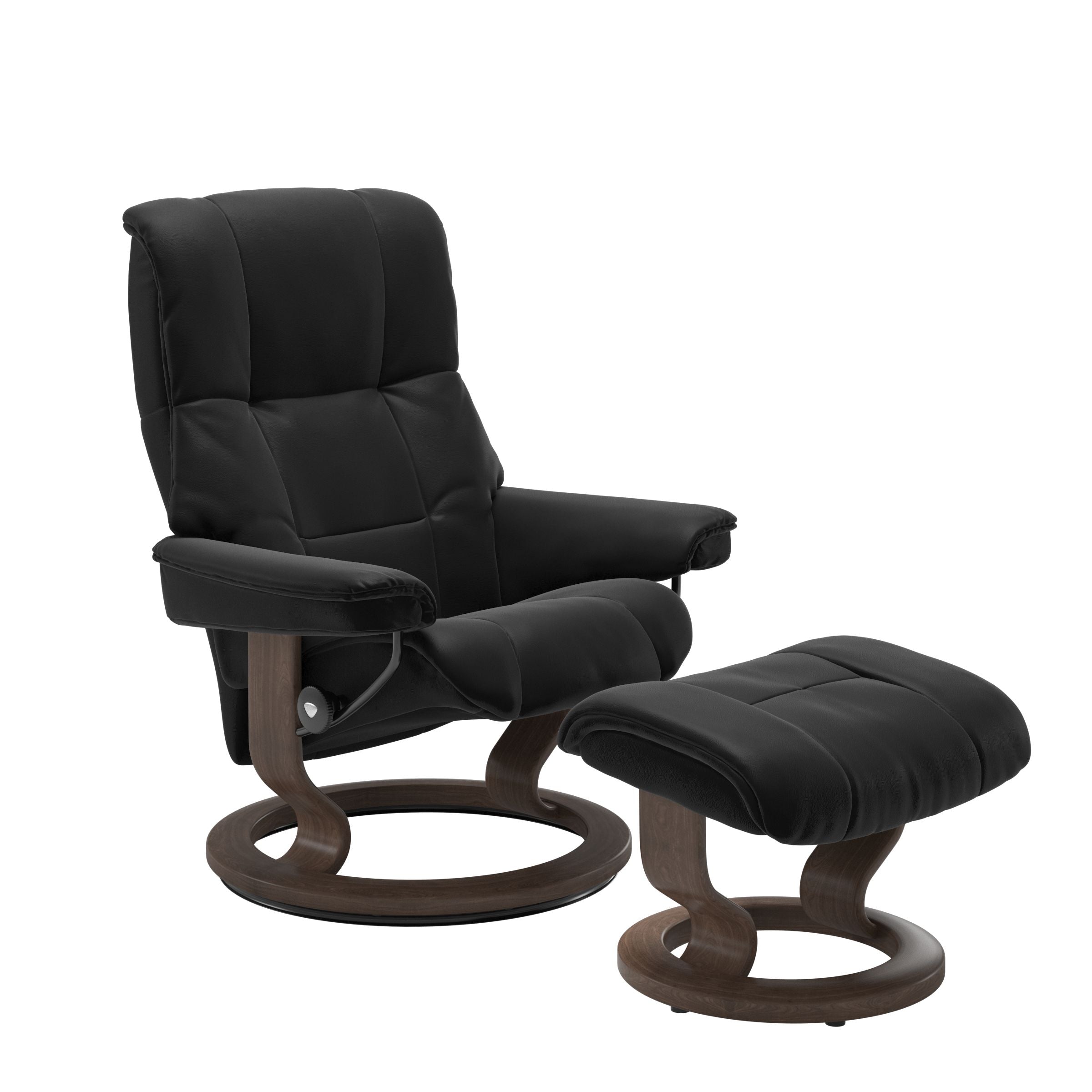 Luxurious  leather recliner in Paloma black color with a walnut wood classic base and adjustable ottoman 