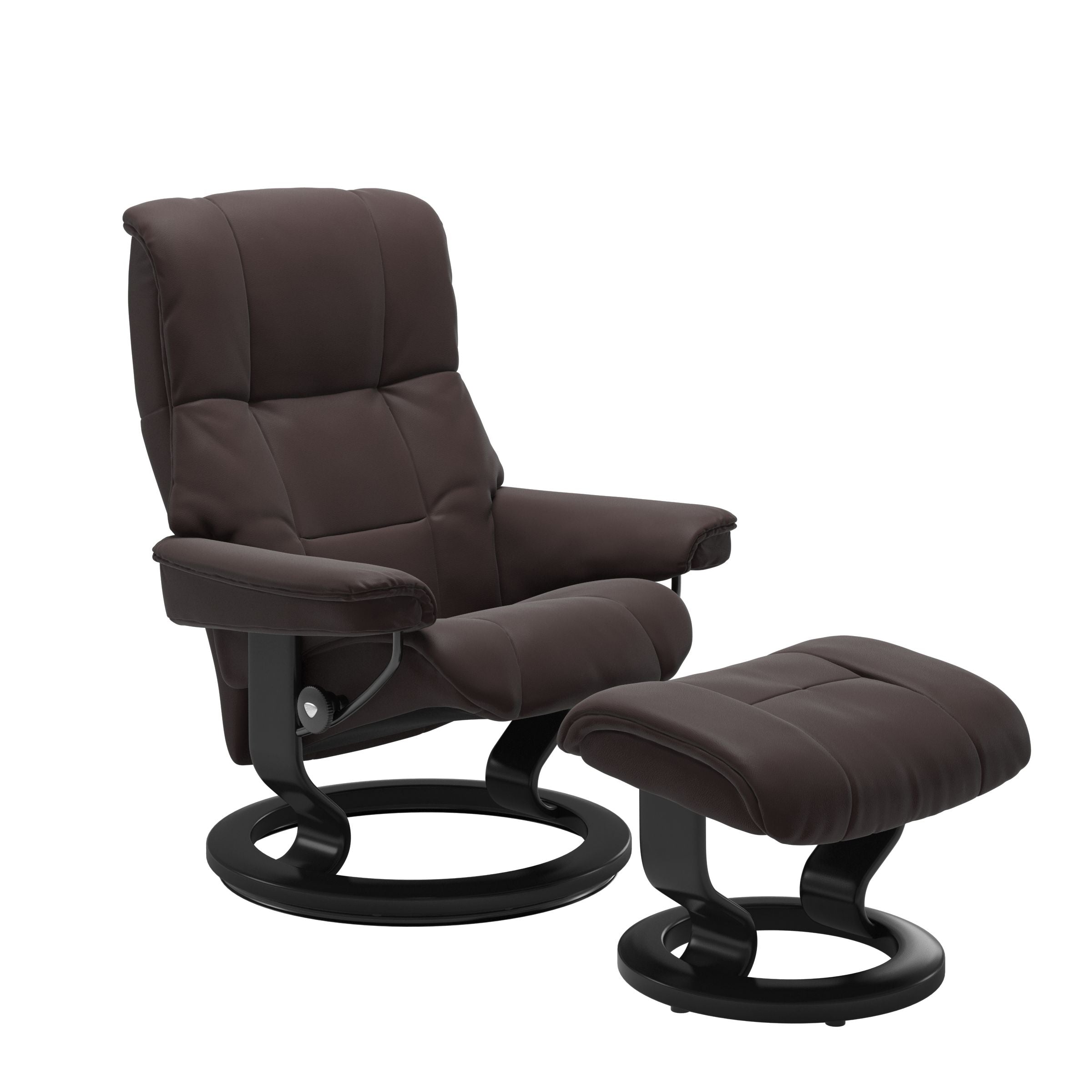 Luxurious  leather recliner in Chocolate color with a black wood classic base and adjustable ottoman 