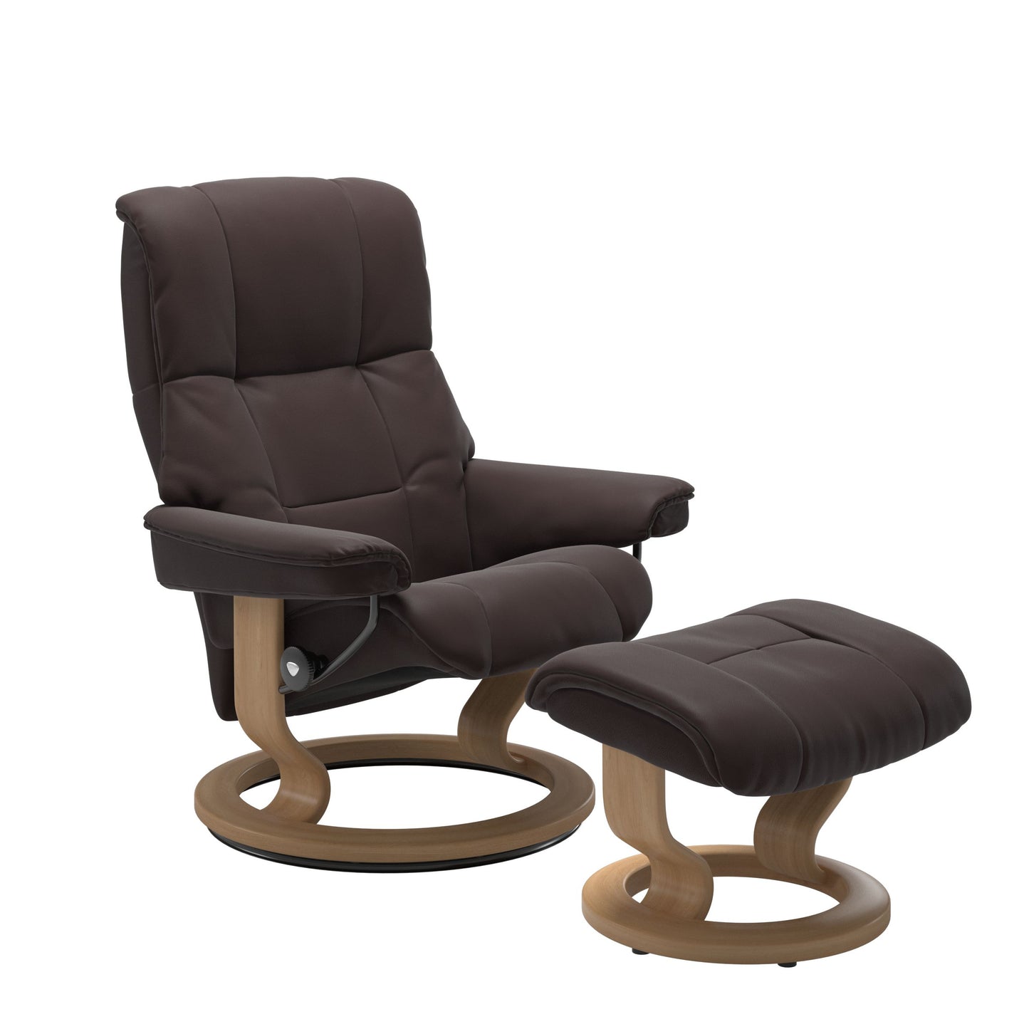 Luxurious  leather recliner in Paloma chocolate color with a oak wood classic base and adjustable ottoman 