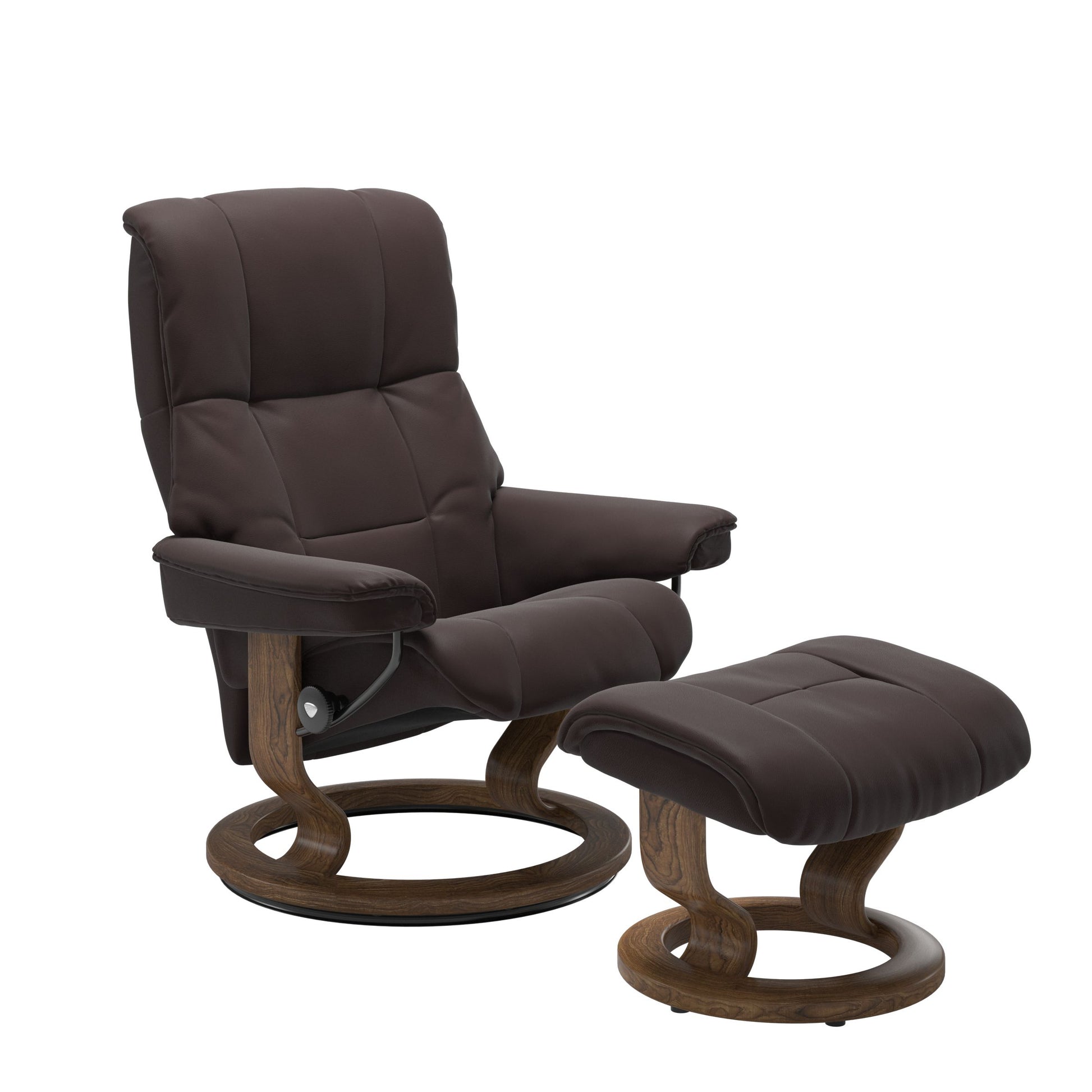 Luxurious  leather recliner in Paloma chocolate color with a teak wood classic base and adjustable ottoman 