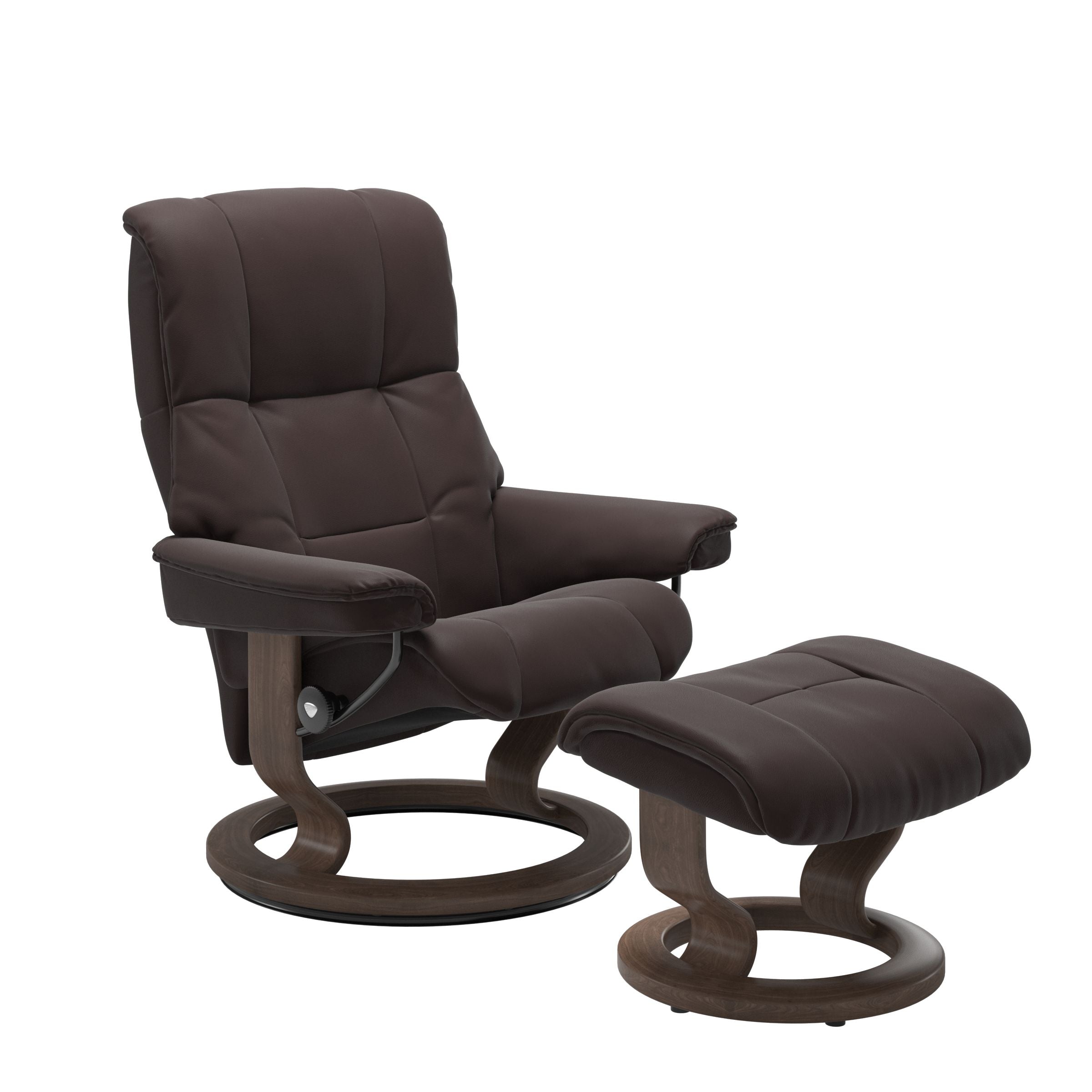 Luxurious  leather recliner in Chocolate color with a walnut wood classic base and adjustable ottoman 
