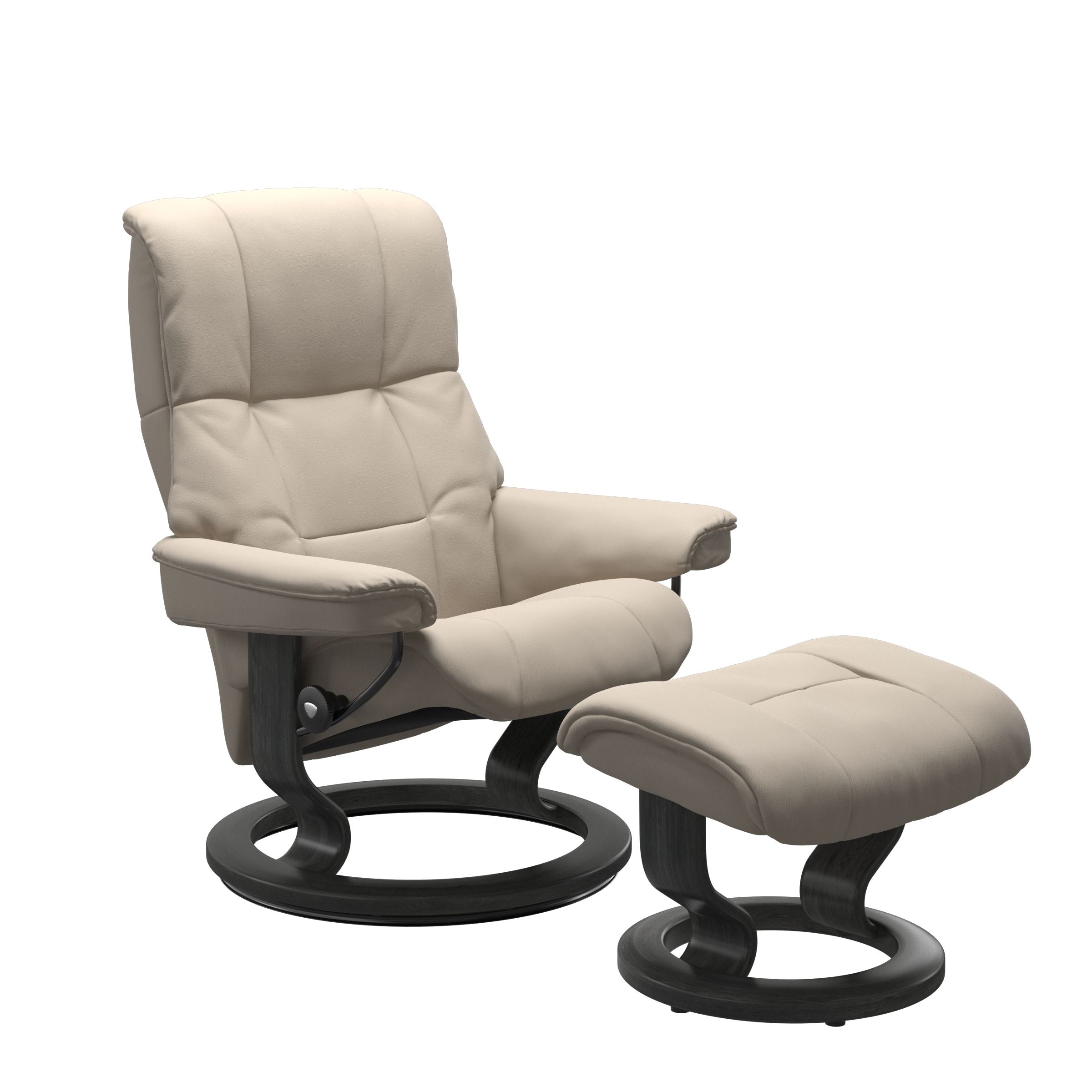 Luxurious  leather recliner in Paloma  fog color with a grey wood classic base and adjustable ottoman 