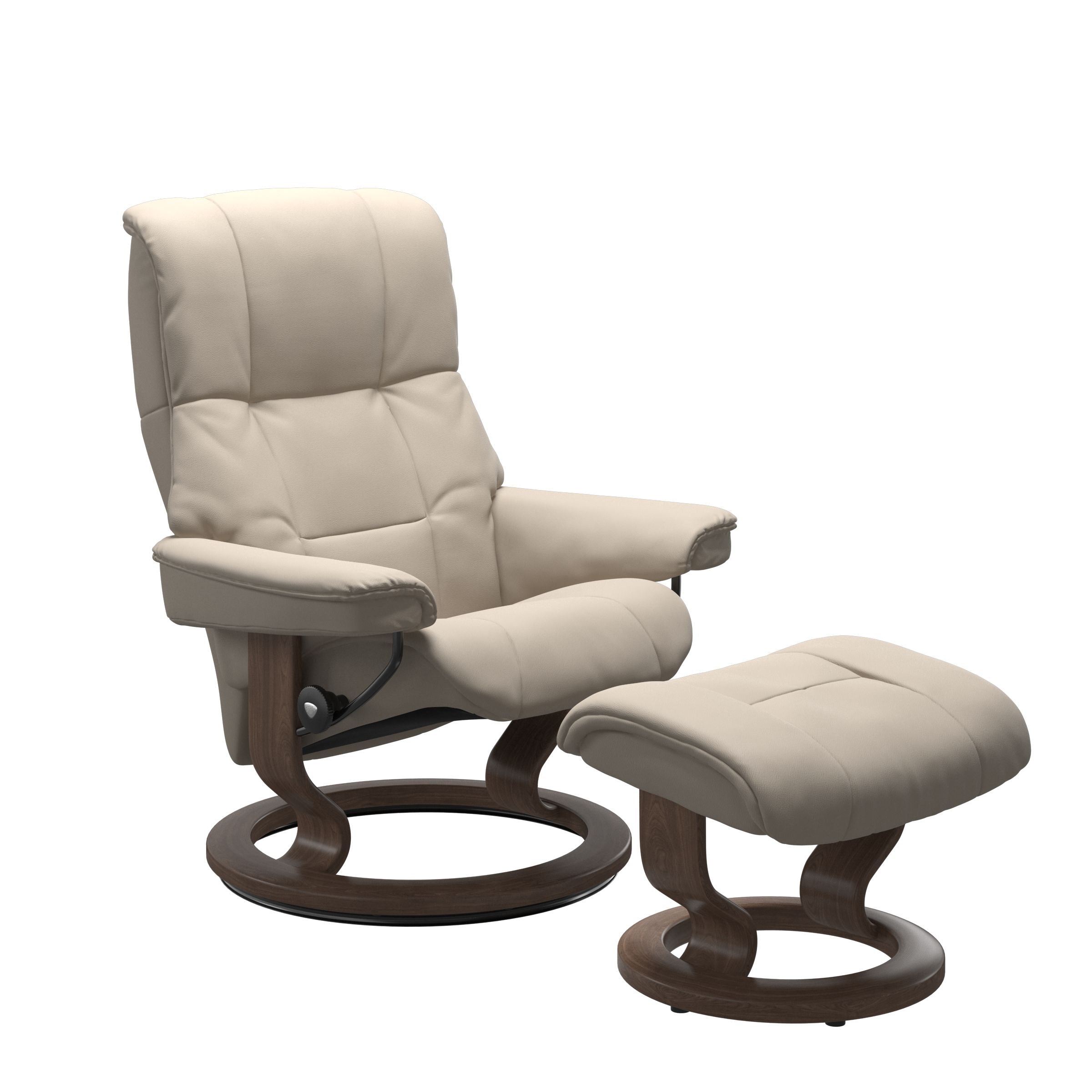 Luxurious  leather recliner beige colored with a walnut wood classic base and adjustable ottoman 