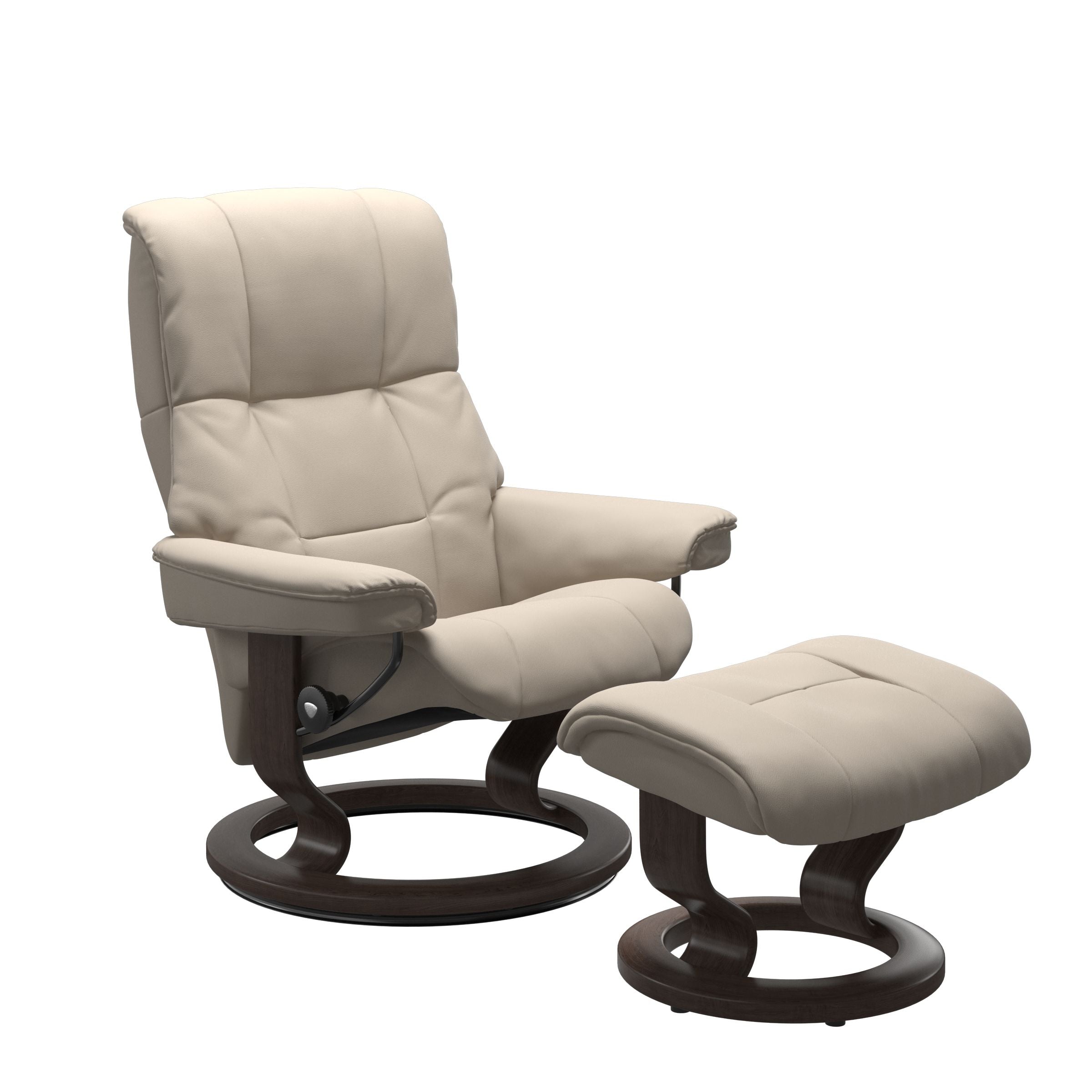 Luxurious  leather recliner beige colored with a wenge wood classic base and adjustable ottoman 