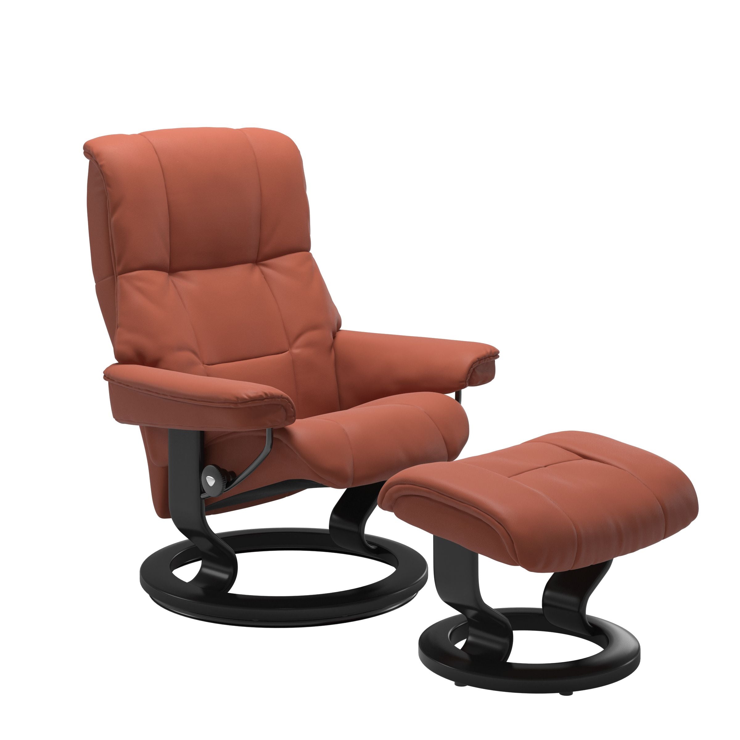 Luxurious  leather recliner henna colored with a black wood classic base and adjustable ottoman